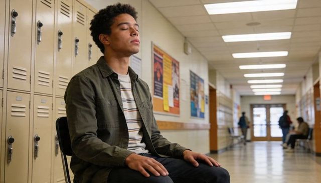 High school student resting with eyes closed on folding chair in school hallway