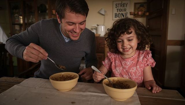 Father and daughter sharing cozy breakfast, smiling over matching yellow bowls