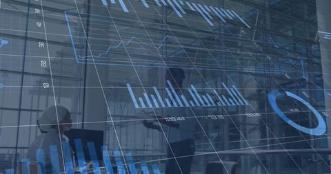 Presenting executive team using augmented glass dashboard showing financial charts