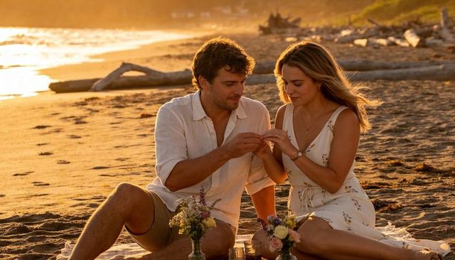 Romantic beach engagement couple exchanging ring during driftwood picnic at sunset