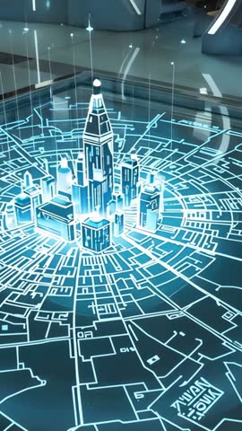 Vertical holographic city grid projecting on table in futuristic tech bay, immersive video