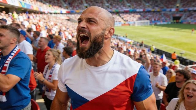 Bearded fan shouting and cheering in stadium wearing red and blue team shirt