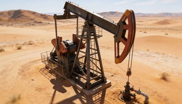 Pumping oil pumpjack on concrete pad in arid desert with walking beam and remote wellhead