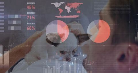 Mid-adult man holding puppy with overlaid data dashboard showing pet health tech concept