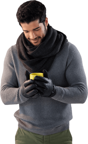 Young Man Smiling with Warm Mug and Winter Outfit on Transparent Background