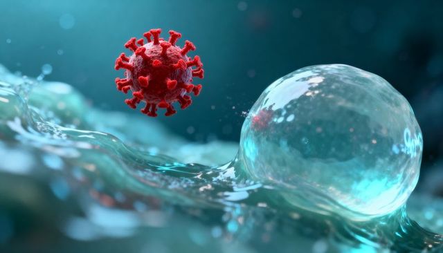 Floating red virus particle hovering over microscopic fluid surface with clear vesicle