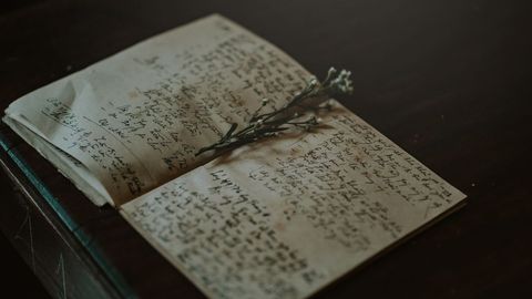 Vintage Notebook with Handwritten Notes and Pressed Flowers