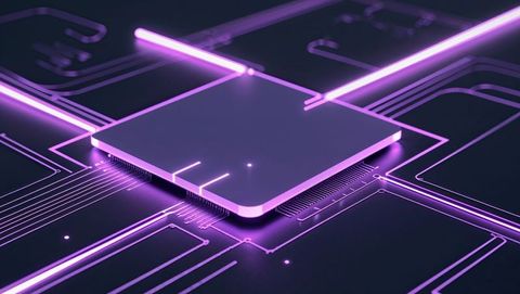 Futuristic microprocessor chip glowing with neon blue hue