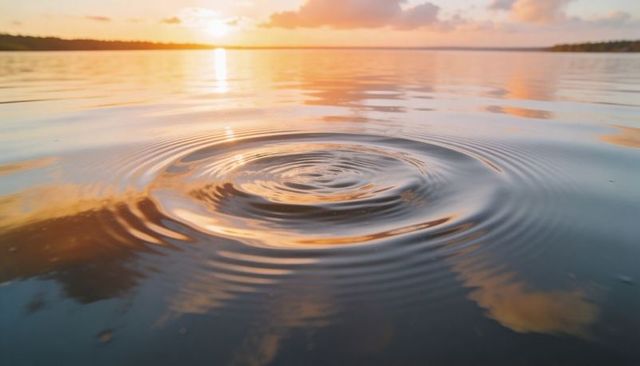 Sunset ripples on calm lake with concentric rings and golden cloud reflections