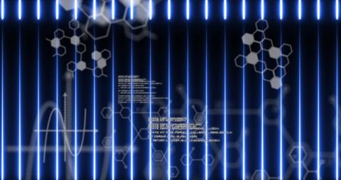 Vertical blue neon grid featuring holographic data waveform and molecular hex patterns