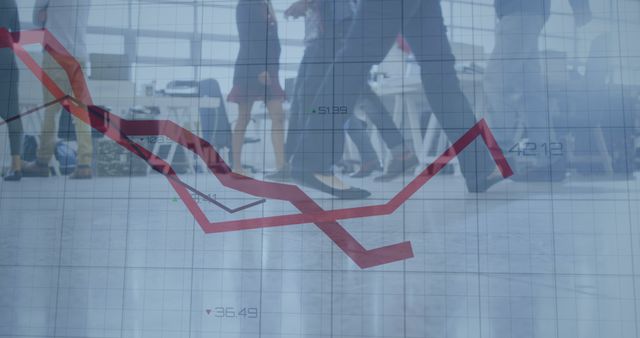 Businesspeople Walking in Office with Falling Stock Chart Overlay - Download Free Stock Images Pikwizard.com