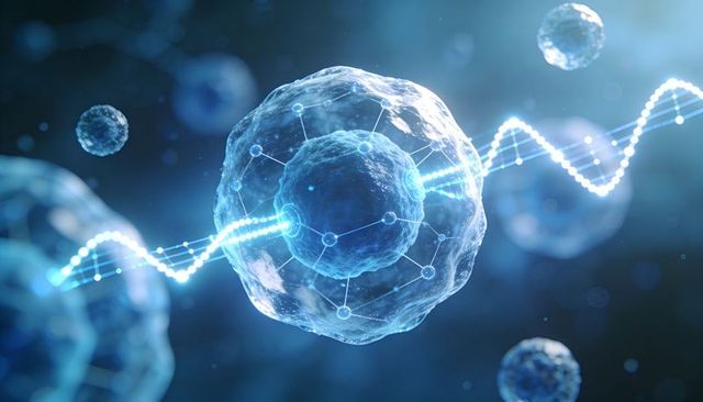 Glowing dna helix passing through translucent cell revealing molecular network for biotech
