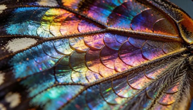 Iridescent butterfly wing macro showing layered scales, vibrant color and fine veins