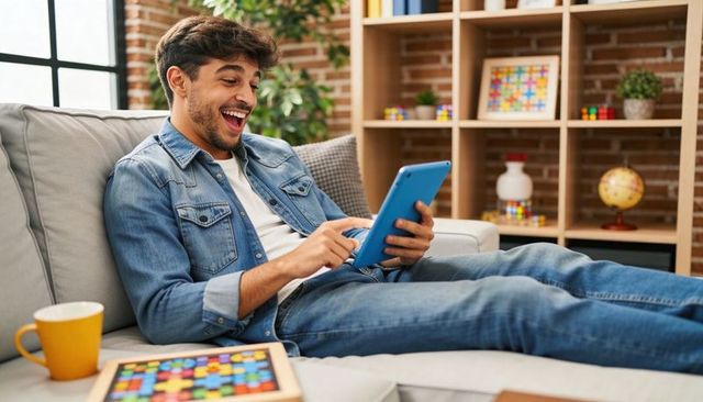 Young man lounging on couch using tablet, laughing and relaxing in modern living room