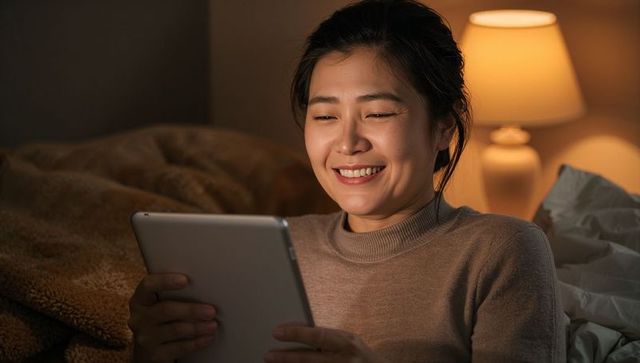 Smiling woman holding tablet in cozy bedroom at night by warm bedside lamp