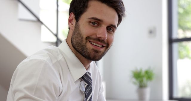 Young, confident businessman smiling in modern office setting with natural light. Useful for business, corporate websites, career pages, or promotional materials showcasing a friendly professional environment.