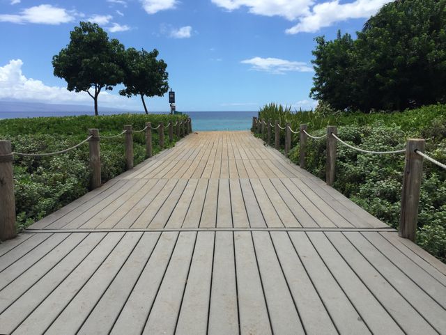 Wooden boardwalk extending to a pristine beach under a clear blue sky. Ideal for travel websites, summer trip promotions, vacation brochures, nature blogs, and meditation publications.