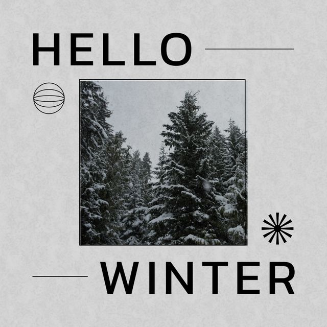 Composite of hello winter text and doodles with snow covered pine trees in forest, copy space. Greeting, nature, cold temperature and season concept.