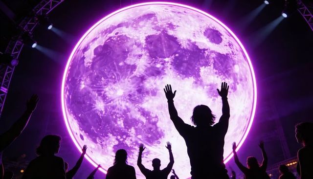 Silhouetted crowd raising hands to neon purple moon led stage display with truss lights