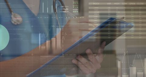 Doctor Analyzing Data with Digital Infographics and Clipboard