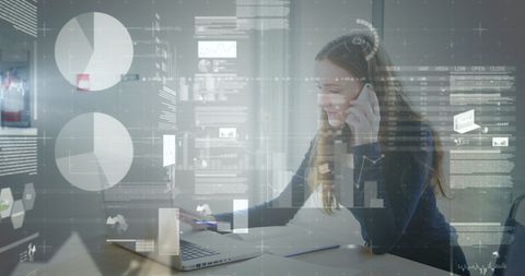 Businesswoman Utilizing Data Visualizations for Global Communication