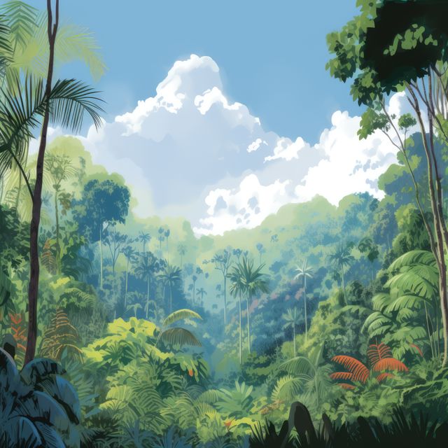Rainforest with tropical plants and clouds in blue sky, created using generative ai technology. Rainforest, nature and scenery concept digitally generated image.
