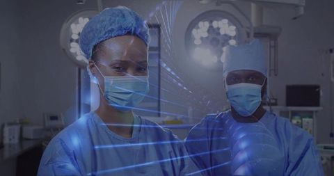 Surgeons Collaborating in Operating Room with DNA Helix Overlay