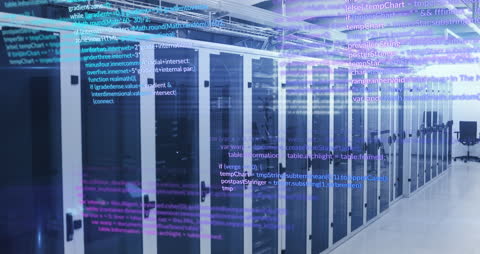 Data Processing Interface Overlaid on Computer Server Room