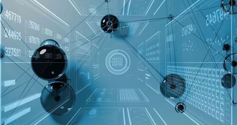 Futuristic digital network visualization with data and connected spheres