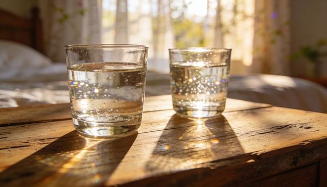 Sunlight refracting through sparkling water glasses on rustic wood bedside table