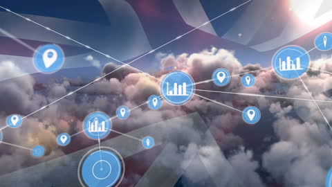 Clouds and Technology Icons Against UK Flag Representing Global Connectivity