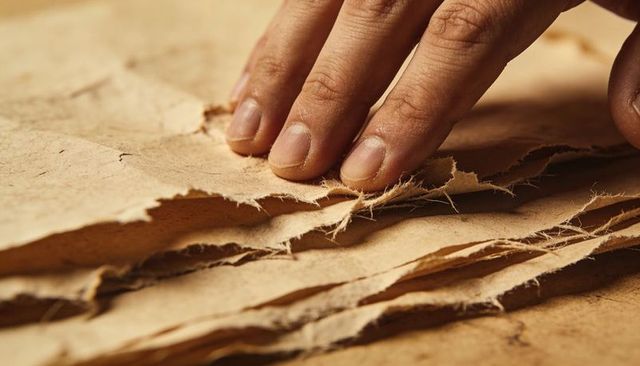 Right hand touching torn handmade recycled paper fibers closeup on craft workbench