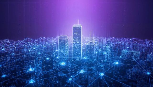 Futuristic Cityscape with Neon-Lit Skyscrapers and Network Nodes