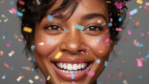 Smiling woman celebrating with colorful confetti and facial glitter, radiant closeup