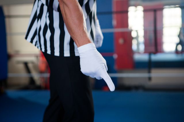 Midsection of male referee pointing down while standing in boxing ring. Ideal for use in sports-related articles, blogs about boxing rules, or promotional materials for boxing events. Highlights the role of the referee in maintaining order and making decisions during a match.