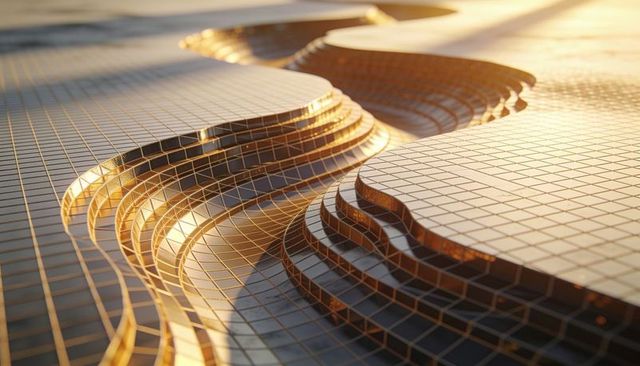Golden curvilinear terraces creating layered metallic grid architecture at sunset