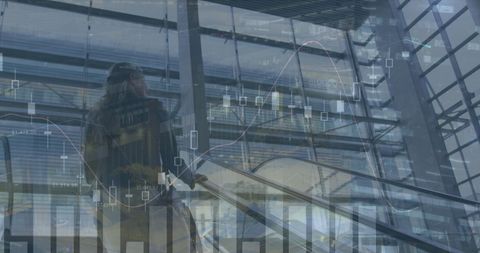 Data Superimposed on Businesswoman Ascending Staircase in Urban Building