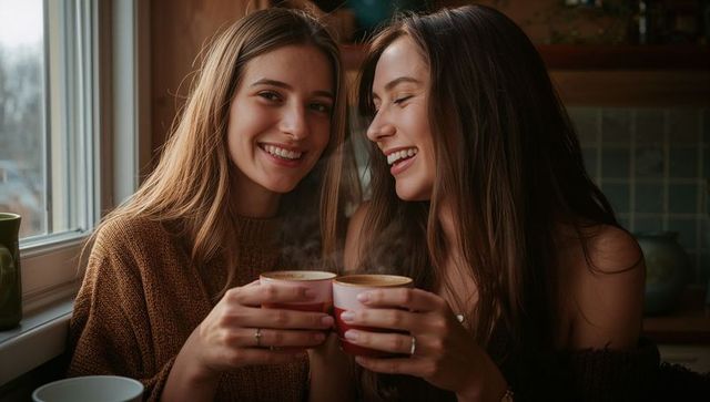 Two friends sharing warm coffee by sunlit kitchen window, cozy togetherness moment