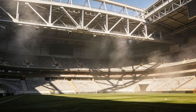 Sunlight bathing empty soccer pitch under open roof casting dramatic shadows across arena