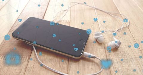 Smartphone with earphones surrounded by digital connectivity icons