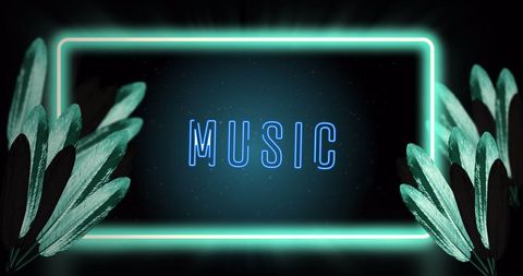Neon Music Text with Colorful Leaves Illustration