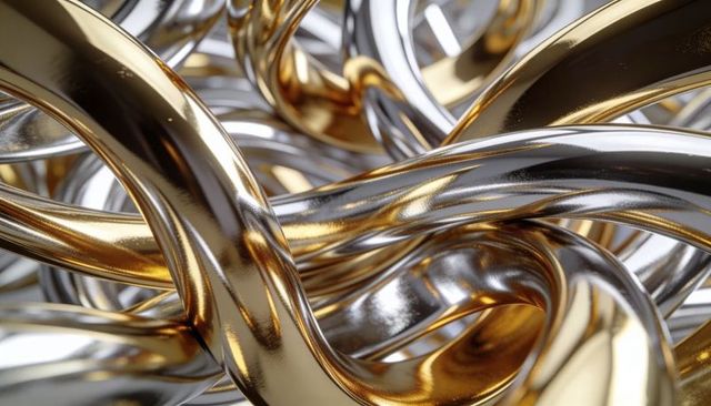 Intertwined Gold and Silver Metallic Ribbons Abstract Sculpture Glossy Reflective Gleam