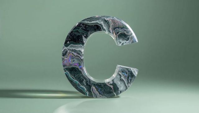 Freestanding marbled letter c on pale green background