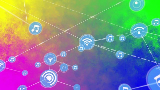 Video shows interconnected music and Wi-Fi icons on a colorful background, ideal for digital communication themes. Suitable for use in advertisements for technology products, online services, telecommunications, music streaming platforms, and futuristic designs.