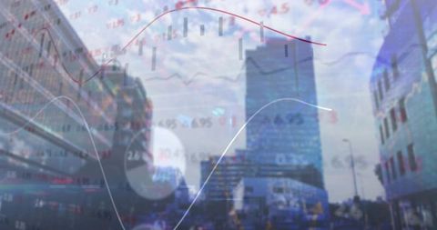 Urban finance overlay: skyscraper skyline layered with candlestick charts and tickers