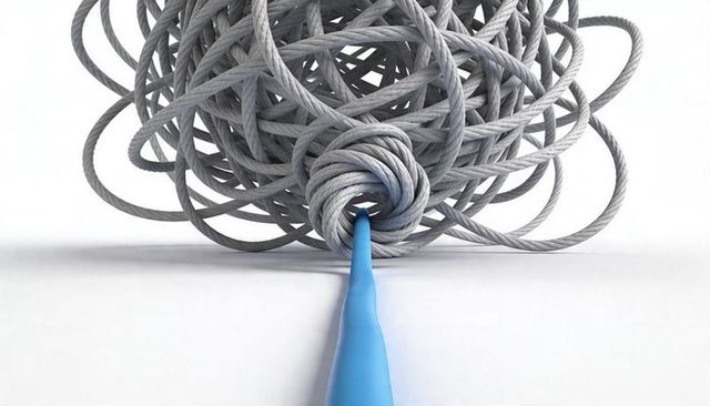 Blue cord leading into dense gray rope tangle forming central knot, conceptual pathway