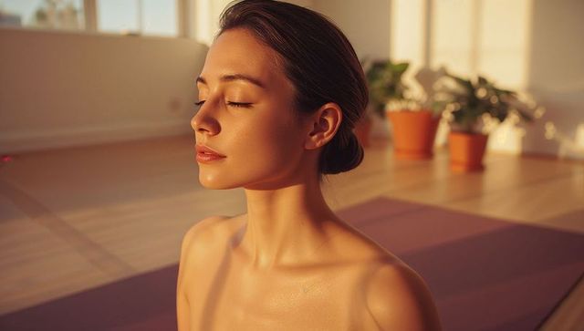 Woman Meditating in Sunlit Yoga Studio with Plants