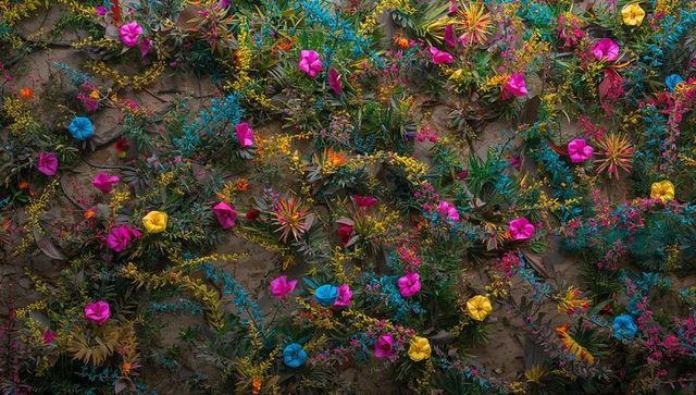 Vertical botanical tapestry featuring magenta cyan yellow rosettes and textured succulents