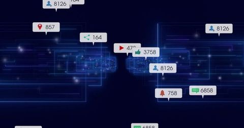 Holographic digital notification tunnel showing social metrics, network icons, neon UI