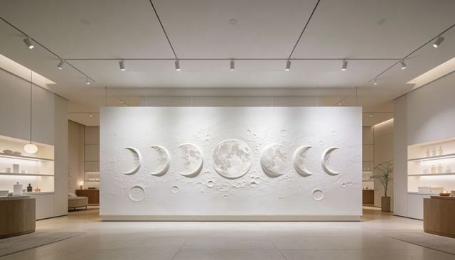 Minimalist lunar phases relief mural in modern gallery space with soft track lighting